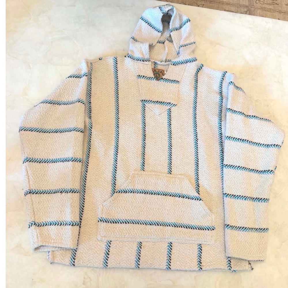 Baja Joe Mens Striped Baja Hoodie Cream Blue Woven Drug Rug Pullover M